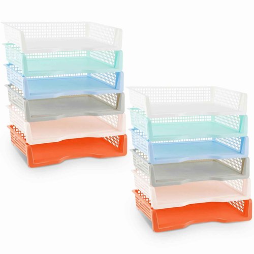 Teenyyou Set of 12 Colorful Turn in Trays Classroom Plastic Stackable Paper Tray Classroom Teachers Desk Organizer Bin for Office Home Teachers Organization and Storage, 9 x 13 x 3 Inches(Boho)