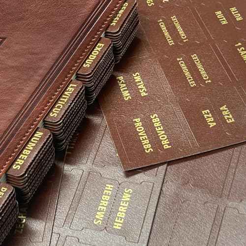 Bible Tabs for Women and Men - Leather Paper Bible Index Tabs - Large Gold Foil Laminated Tabs - Bible Journaling Supplies - 66 Bible Tabs for Old and New Testament,14 Blank tabs (Brown)