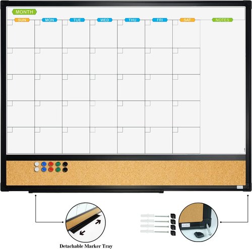 JILoffice Magnetic Calendar Whiteboard & Bulletin Corkboard Combo - 24x18 Inch, Black Aluminum Frame, 2 Pack