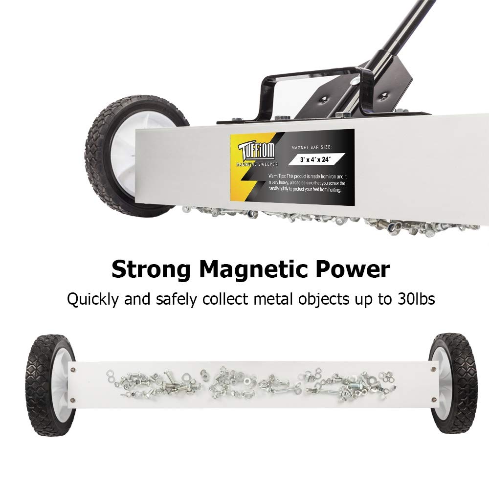 TUFFIOM 36-Inch Rolling Magnetic Pick-Up Sweeper | 55-LBS Capacity, with Quick Release Latch & Adjustable Long Handle, for Nails Needles Screws Collection