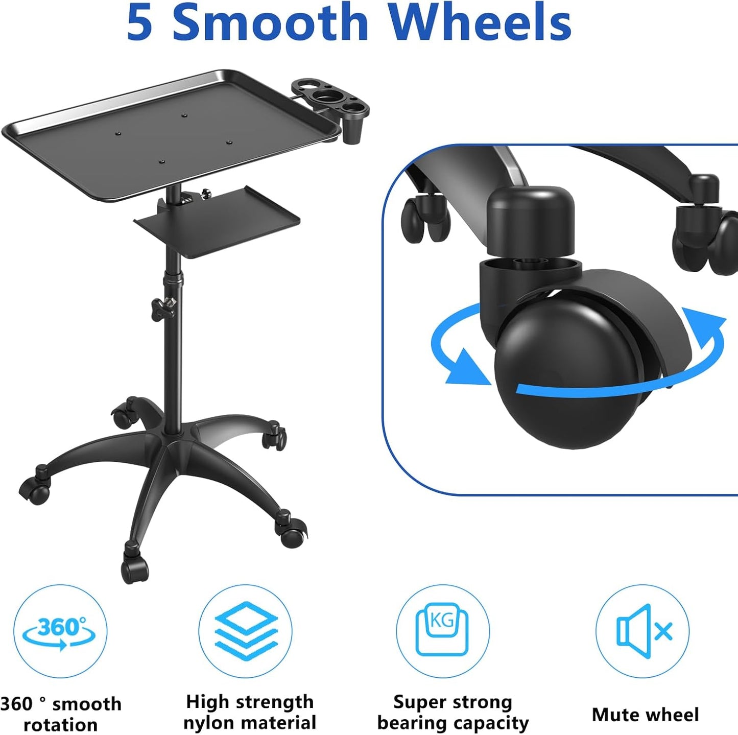 Skiennix Salon Tray Cart - Adjustable Height Aluminum Tattoo Tray with Wheels | Black Storage Trolley