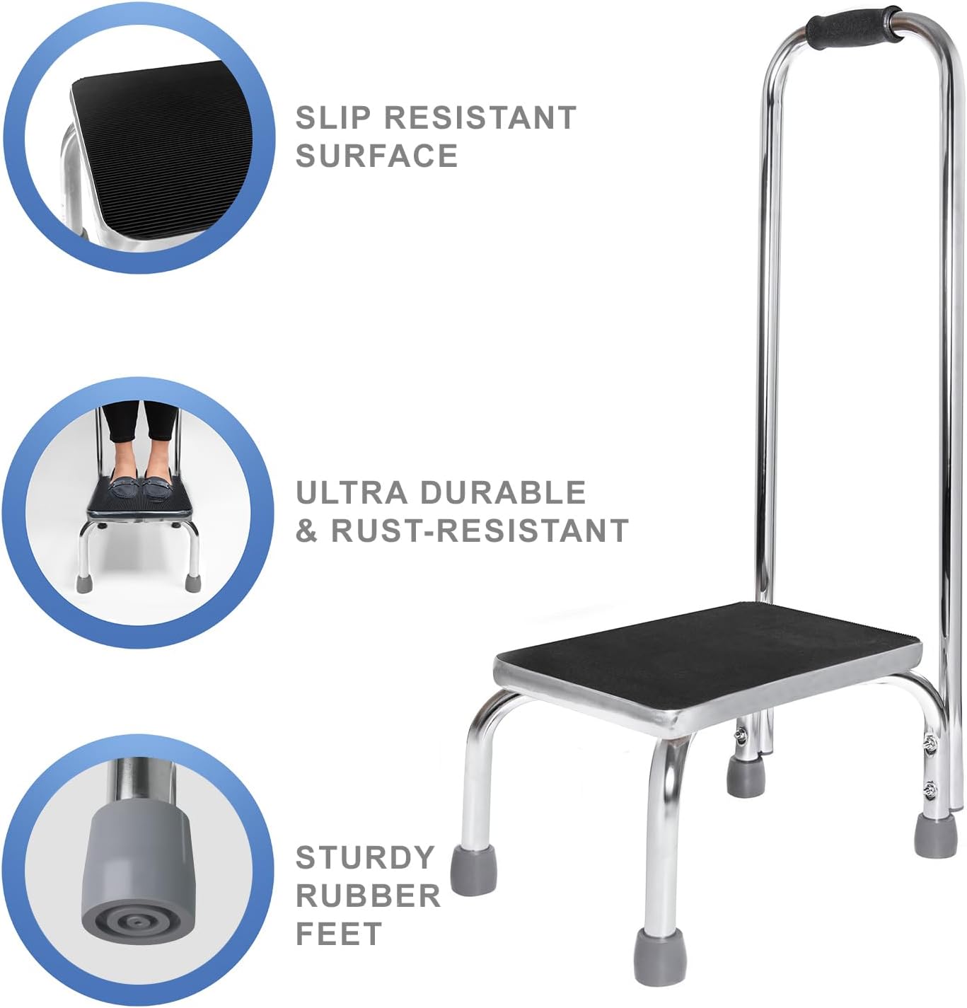 Vaunn Medical Foot Step Stool - Lightweight & Sturdy with Handle | Anti-Skid Rubber Platform, Chrome