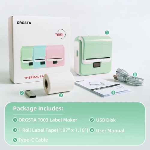 ORGSTA Label Maker Machine with Tape, T003 Thermal Label Maker, 3.15 Inch Bluetooth Label Printer Compatible with Phone & PC, Sticker Printer Barcode Thermal Maker for Small Business, Home, School