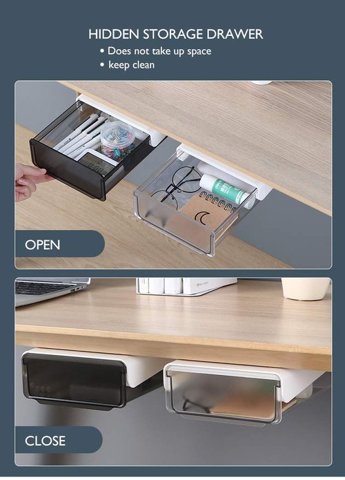 COZYWELL 2 Pack Self-Adhesive Under Desk Drawer, Hidden Under Desk Storage Drawer Slide-out Mounted Organizer for Home Office School Stationery Storage, No Drilling