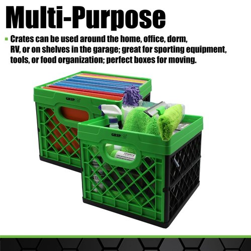 GRIP Folding Stackable Storage Bin, 6 Gallon - Dimensions: 13" x 13" x 11" - Milk Crate - Capacity: 50 lbs - Heavy Duty, Plastic Collapsible Crate for Sporting Goods, Toys, Pool Toys, Decor, Files
