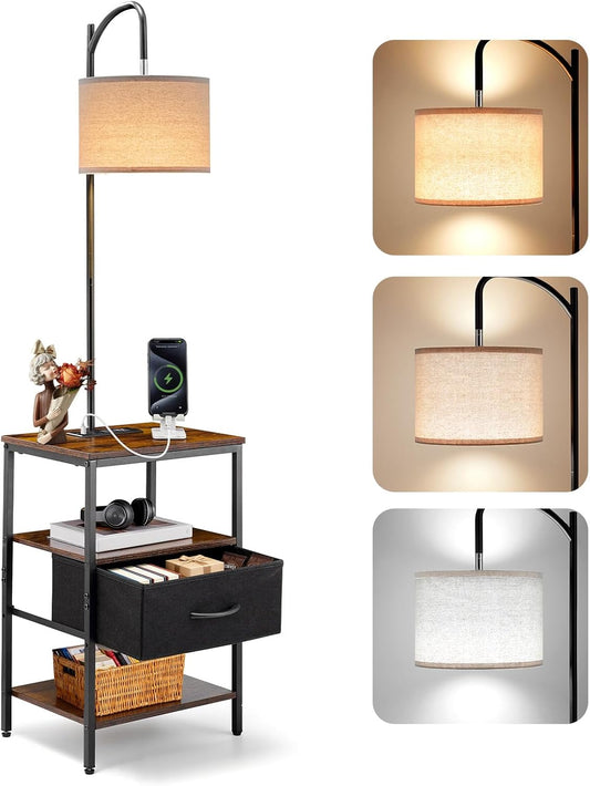 VEVOR Floor Lamp with Table - 3-Tier End Table & 3 Color Temperature Lighting | Modern Bedside Desk with USB & AC Charging Ports