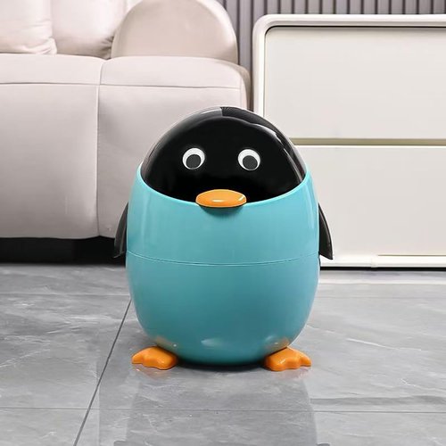 Aiabaleaft Cartoon Penguin Plastic Trash Can with Lid Bedroom Large Capacity Wastebasket Storage Container for Home Kitchen Dressing Office Kids Bedroom (Blue, 13.7 * 12.2 * 11.02in)