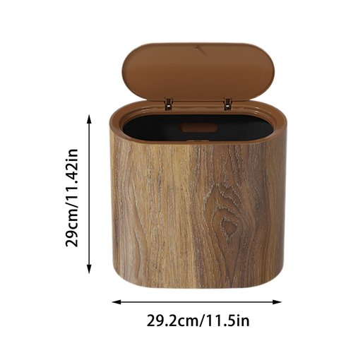 Bathroom Garbage Can with Lid, Plastic Wood Grain Finish Pattern Trashcans with Press Type Lid, Narrow Kitchen Trash Can, Durable & Space-Efficient Design, Hand-Press Lids Mechanism (Brown)