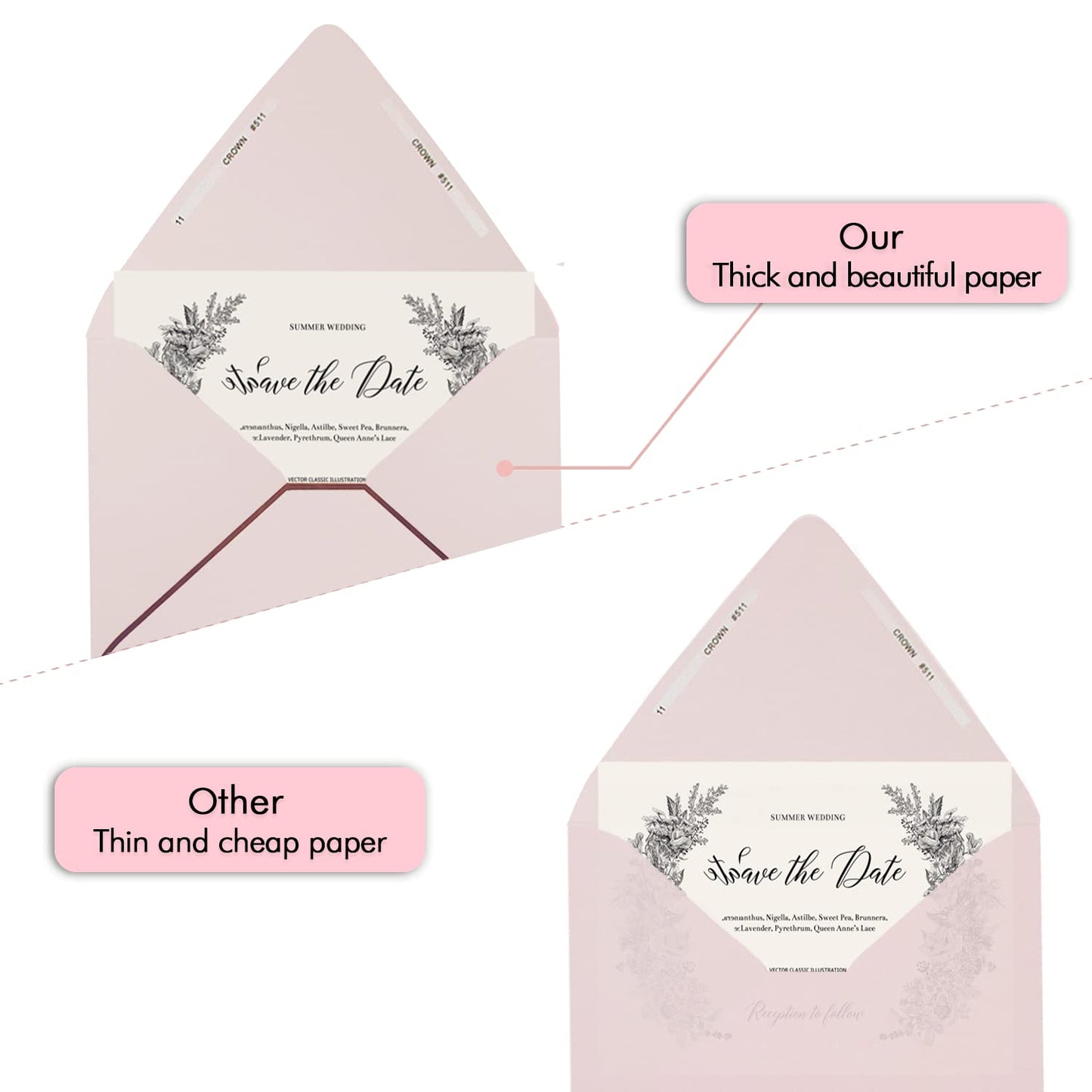 A7 Pink Envelopes 50 Pack With Rose Gold Border Christmas Envelopes Quick Self Seal, For 5x7 Cards| Perfect for Weddings, Invitations, Photos, Graduation, Baby Shower (Pink-rose golden border)
