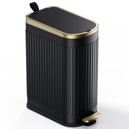 CEROELDA Slim Bathroom Trash Can with Lid Soft Close, 10 Liter/2.6 Gallon Stainless Steel Small Garbage Can, Step Pedal, Slim Metal Wastebasket for Toilet, Office, Bedroom (E-Black)