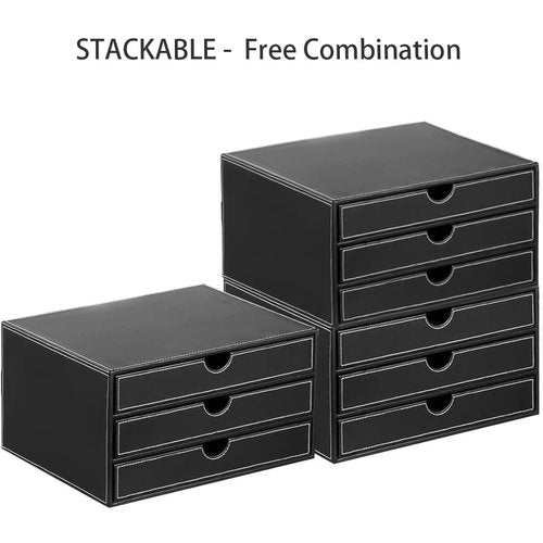 YAPISHI Leather Desk Organizer with 3 Drawers, Executive Office Supplies Desktop Filing A4 File Cabinet/Holder, Stackable Storage Box for Jewelry/Bill/Paper/Documents/Makeup Home Decor Accessories