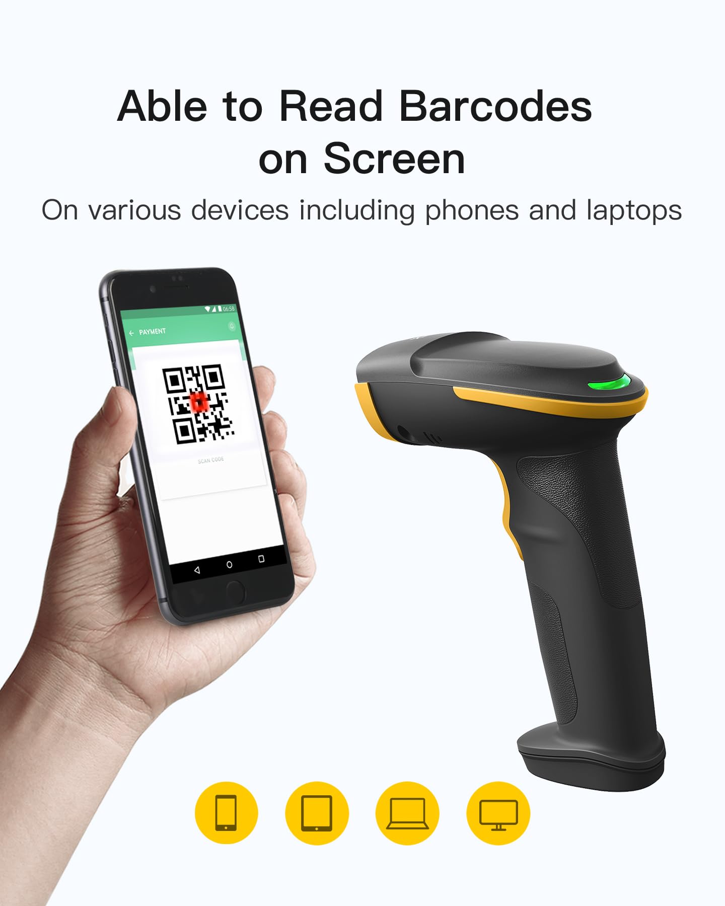 Inateck 2D Barcode Scanner Bluetooth, Barcode Reader with 2.4Ghz Smart Base, Screen Scanning, BCST-54 Black