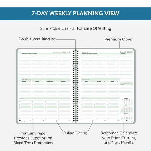 Planner Pad Spiral Bound 3-Tier Funnel Down 12 Month Organizer, October 2025 – September 2026, Greenish Grey Cover/Soft Green Ink, 8 1/2" x 11"