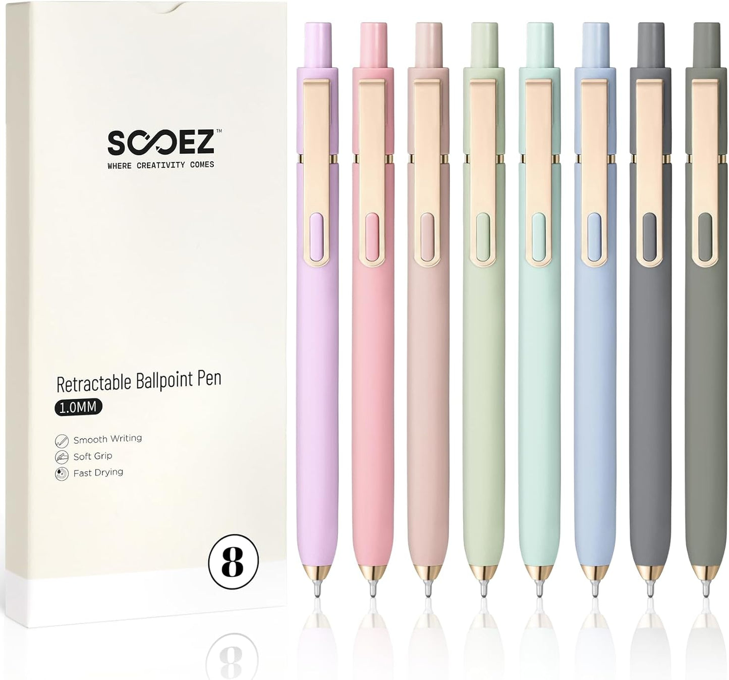Sooez Ballpoint Pens - 8 Pack Medium Point Black Ink | Smooth Writing, Soft Grip, Cute Design for Office & School
