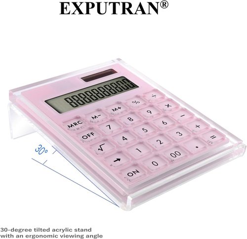 Skiennix Acrylic Calculator - Hybrid Battery & Solar Power | 12-Digit LCD Display, Pink Color