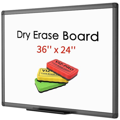 VIZ-PRO Magnetic Dry Erase White Board, 36 X 24 Inches, Black Aluminium Frame, with 3 Colored Erasers