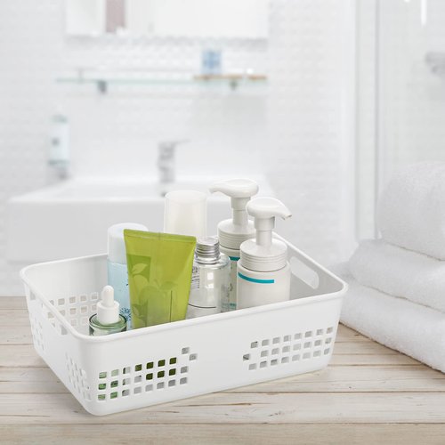 Jucoan 6 Pack White Plastic Storage Baskets, 12 X 8 X 4 Inch Large Plastic Storage Organizer Tray Bin with Handles for Classroom, Drawer, Closet, Bathroom Kitchen
