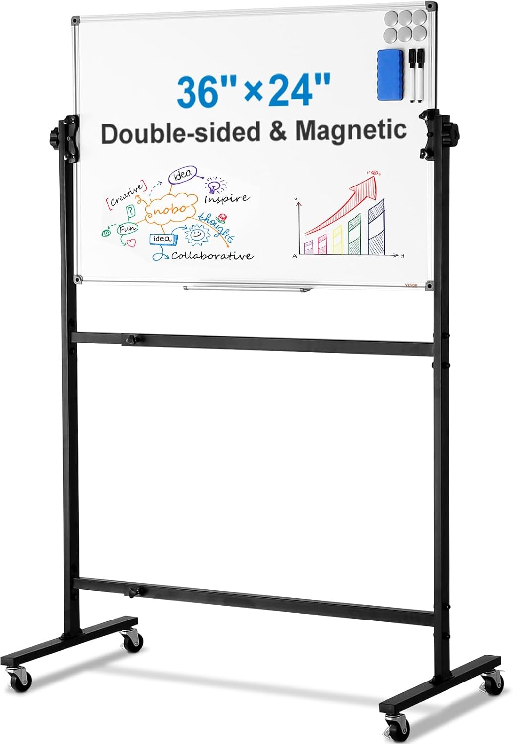 VEVOR Double-Sided Rolling Magnetic Whiteboard - 36x24 Inches, Adjustable Height with Wheels & Tray