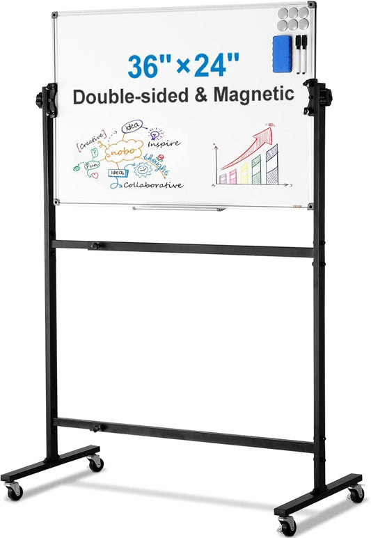 VEVOR Double-Sided Rolling Magnetic Whiteboard - 36x24 Inches, Adjustable Height with Wheels & Tray