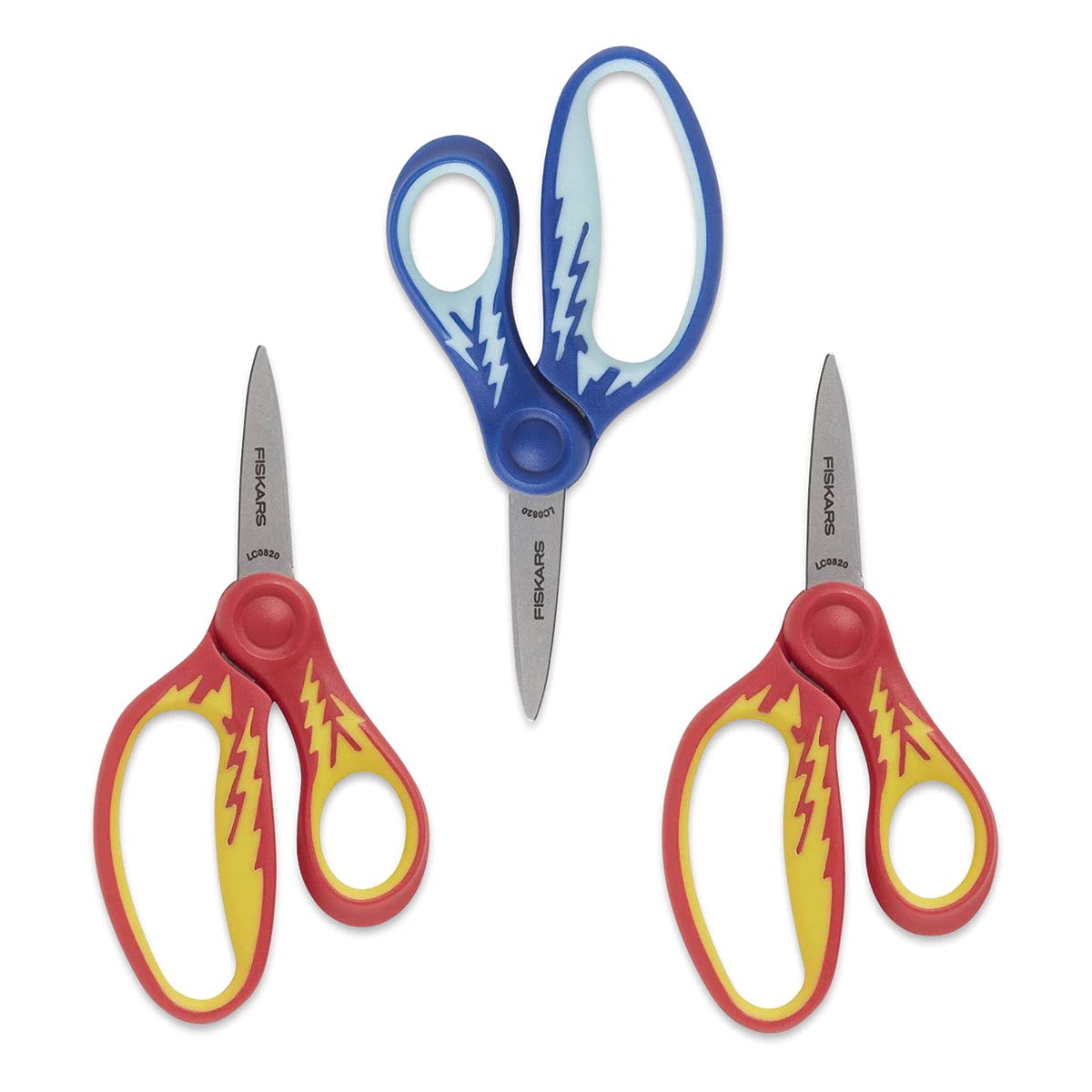 Fiskars 5" SoftGrip Pointed-Tip Scissors for Kids Ages 4-7 (3-Pack), Scissors for School or Crafting, Back to School Supplies, Blue and Red Lightning