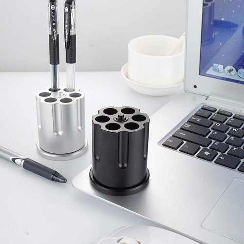 Rotating Revolver Pen Holder, Metal Gun Pencil Holders with 6 Holes, Heavy Duty Aluminum Holder for Men's Birthday Gifts Offices Desk Decoration