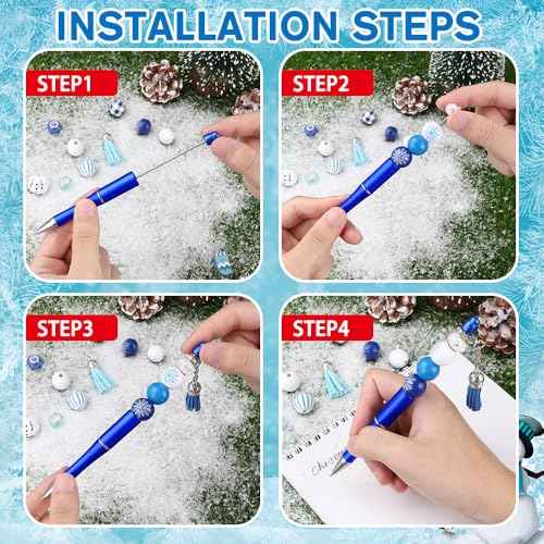 12 Set Christmas Beadable Pens Plastic Bead Pens Winter Snowman Blue Bulk Ballpoint DIY Crafting Pens Making Kit with Pendants Lobster Clasps for Students Teens School Office Supplies