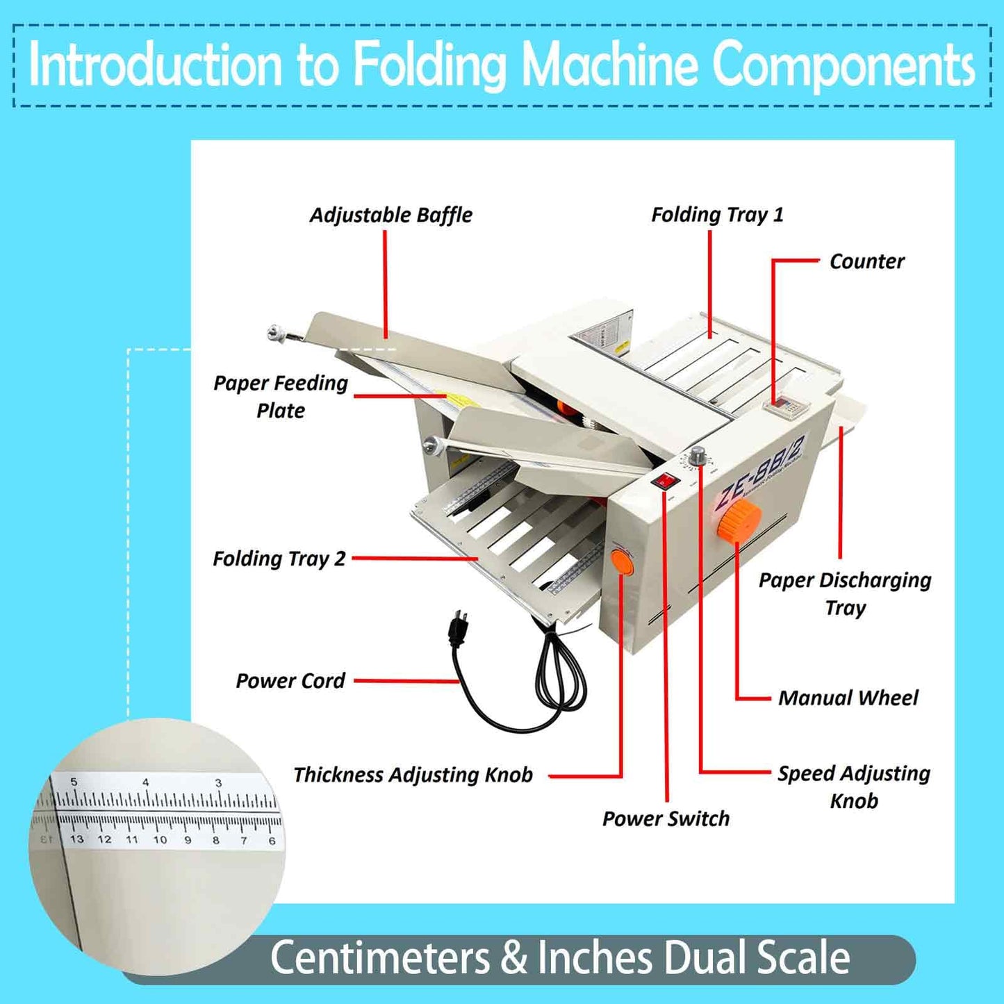 BEILOCKERY Automatic Paper Folding Machine, Electric Paper Folder with 2 Trays, Fold Sizes 2x3in to 12x27in, Adjustable Speed Max 262ft/min, for Folding Manuals Document Business Letters 110V