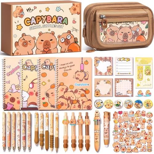 Fimibuke Kids School Supplies for Girls, 36PCS Cute Capybara Stationery Set with Pencil Case Gel Pens Pencils Stickers Notebooks Sticky Note Kawaii Birthday Christmas Gifts for Kindergarten Elementary