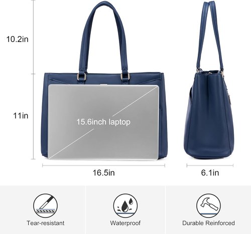 LOVEVOOK Laptop Tote Bag - 15.6 Inch Waterproof Leather Briefcase for Women | Navy Blue