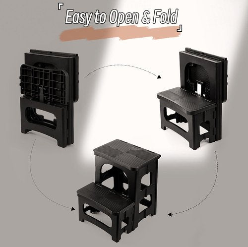 2 Step Stool Foldable, Non-Slip Steps, Folding Step stool for Adults & Kids, Plastic Step Stool Pool Ladder, Collapsible Stools 2 Step Ladder for Kitchen Toilet Bedroom Office RV, Holds 330 lbs, Black