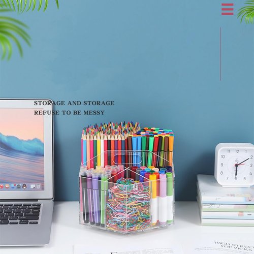 OIF Acrylic Pen Holder Pencil Organizer, 360-Degree Rotating Pencil Holder with 6 Compartments, Crayon for Kids Marker Holder Caddy Art Supply Organizer for Desk, Office