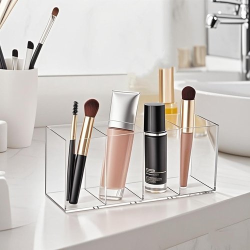 Acrylic Pen Holder Clear Pencil Organizer Makeup Brush Holder Countertop Desk Accessory Storage (4 Compartments)