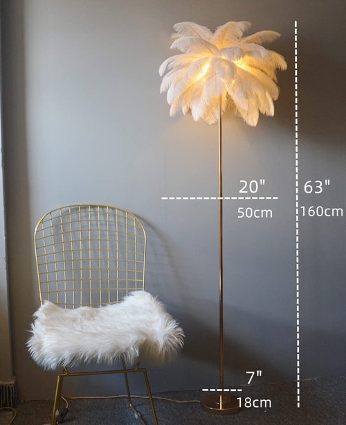 GIOAMH Natural Ostrich Feather Floor Lamp, 3-Way Color Temperature,Simple Modern Bedroom and Living Room Standing Lamp, Golden Lamp Body, G4-LED Bulb (White)