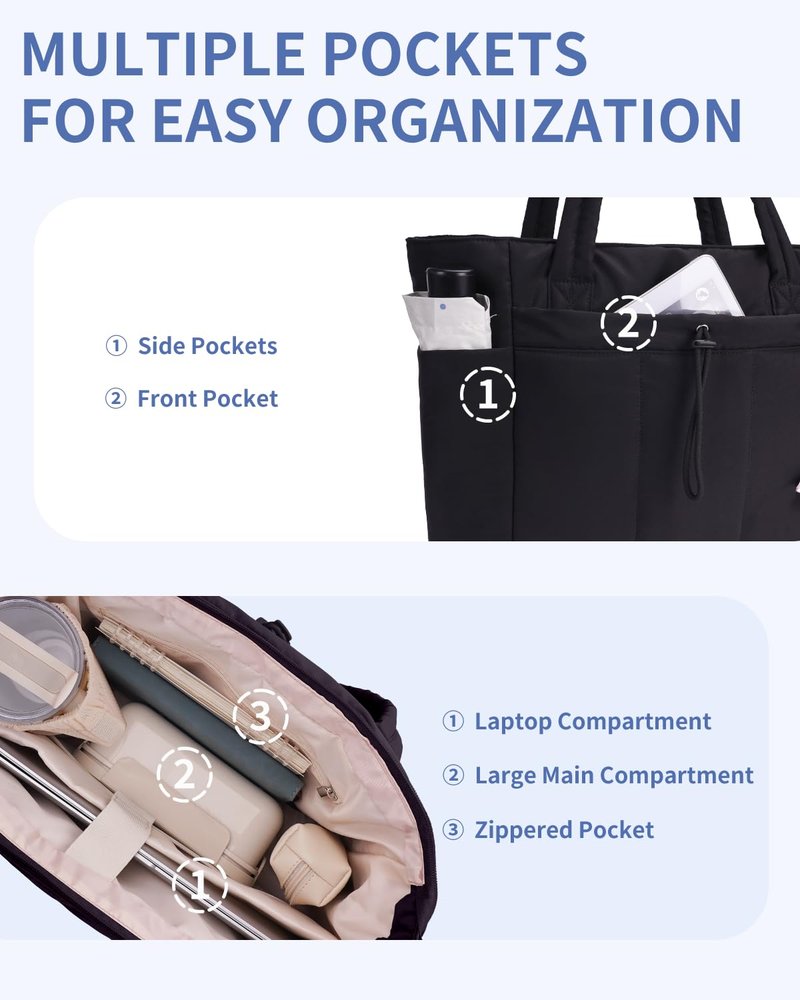 Wandering Nature Puffer Tote Bag with Cup Holder & Laptop Compartment & Trolley Sleeve for Travel, Work, Nurse, Women