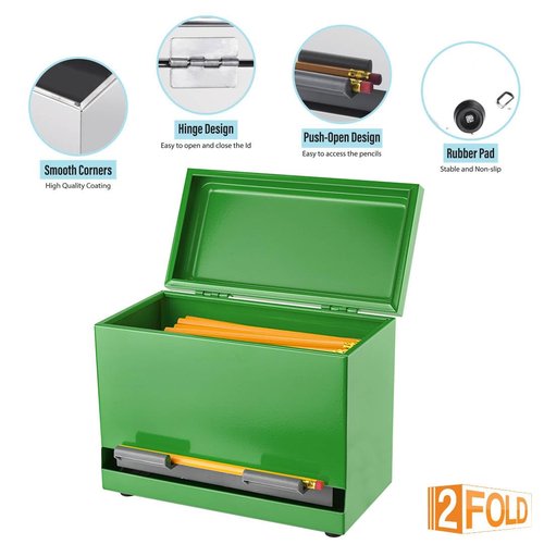 2Fold Pencil Dispenser for Classroom - Stainless Steel Bulk Pencil Holder for Desk - Includes Removable Label Stickers - Teacher Must Haves for Organization - Holds up to 200 Pencils (Green)
