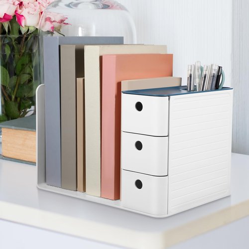 Operitacx Desk Organizer with File Holder, Desktop Storage Organizer with 2 Vertical File Holders, 3-Tier Drawers and Pen Holder for School Office Home Supplies