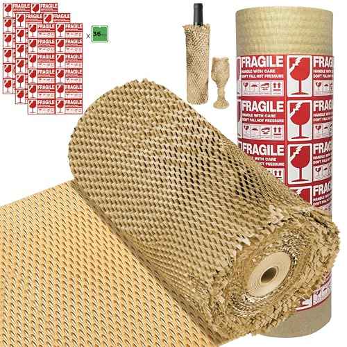 Honeycomb Packing Paper Wrap 15''360', Substitute Alternative for Bubble Cushioning Wrap for Moving Shipping Packaging, Recyclable Moving Supplies with 36 Fragile Sticker Labels