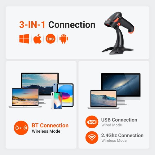 Tera Barcode Scanner Wireless 1D 2D QR with Stand: Battery Level Indicator 3 in 1 Works with Bluetooth 2.4G Wireless USB Wired Handheld Bar Code Reader with Vibration Alert HW0002 Orange