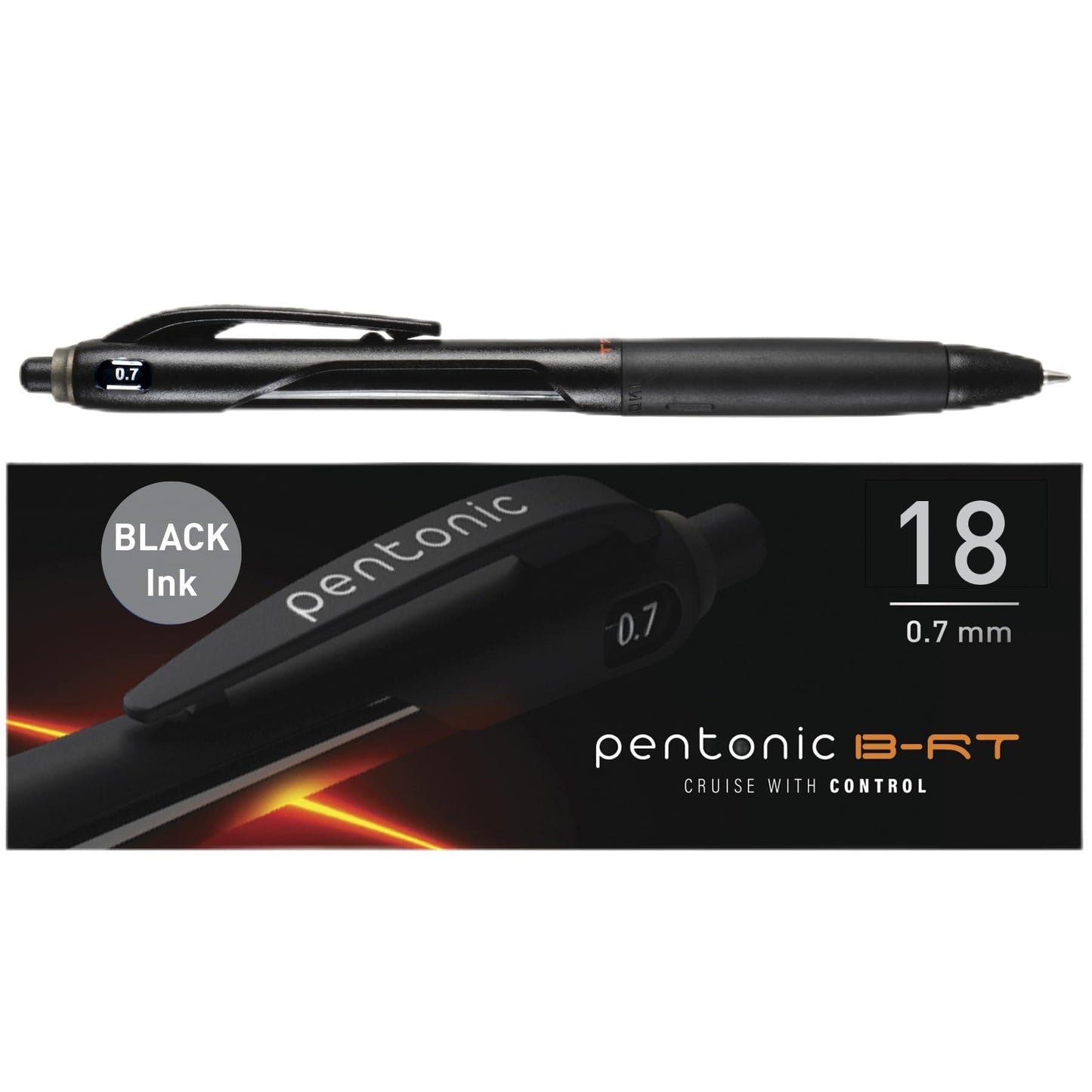 Pentonic B-RT Retractable Ballpoint Pens, 18 Count, Black Ink, 0.7 mm Fine Point, Smooth Writing For Journaling, Office & School (PEN12124)
