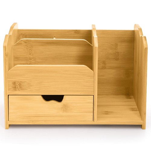 ZAVOOS Bamboo Desk Organizer, Multi Use Tabletop Storage Office Supplies with Drawer Pen Holder, 5 Compartments Heavy Duty Desk Accessories for Home Office Organization, No Assembly Required