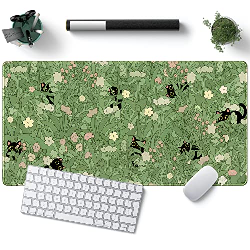 B-cat in the Meadow Green XXL Desk Mat for Keyboard & Mouse - Cute Flower & Plant Design