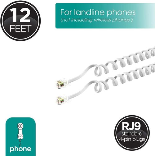 Power Gear Coiled Telephone Cord - 10 Pack, 2 Feet Coiled & 12 Feet Uncoiled | Compatible with All Corded Phones - White