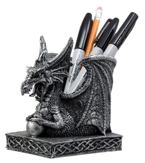 Ebros Gift Shenlong Spirit Dragon Orb Stationery Holder Figurine 4.75" H Office Desktop Accessory Pen Organizer