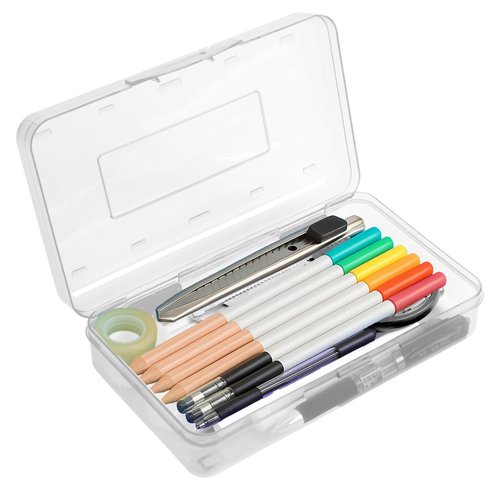 White Clear Large Plastic Hard Pencil Case Box for Girls Boys, Crayon Box for School Supplies and Office Supplies
