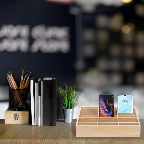 36-Grid Cell Phone Storage Box,Wooden Desktop Cell Phone Holder Multifunctional MobilePhone Storage Box for Classroom, Office, Meeting Room, Rack Display