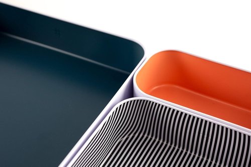 Three by Three Seattle 6 Piece Metal Organizer Tray Set for Storing Makeup, Stationery, Utensils, and More in Office Desk, Kitchen and Bathroom Drawers (2 Inch, Berry, Sunset, Blue, Stripes)