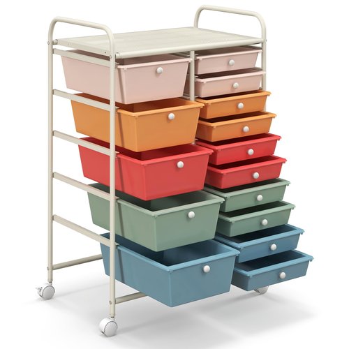 HAPPYGRILL 15-Drawer Rolling Cart, Storage Carts with Removable Drawers & Steel Frame, Utility Cart on Lockable Wheels for Home, School, Office, Macaroon