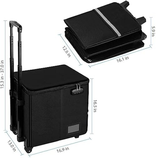 Fireproof File Box with Wheels and Telescopic Handle, Foldable Utility Cart Folding Portable Rolling Crate, Fireproof Document Organizer File Cabinet for Travel Office Use