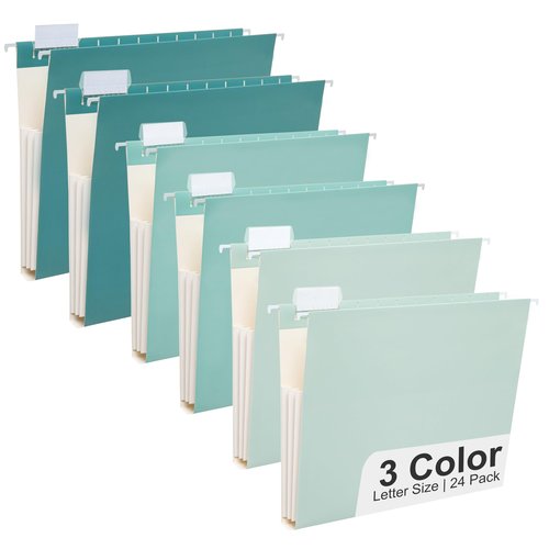 Y YOMA Letter Size - 24 Pack Extra Capacity Hanging File Folders Accordion Decorative Reinforced File Folder Cute Colored Expandable Folder for Office Home with 1/5-Cut Adjustable Tabs, Teal Blue