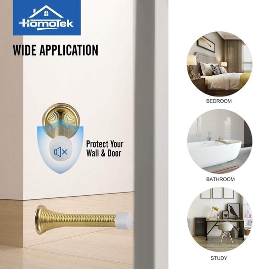 HOMOTEK Spring Door Stopper - Heavy Duty Rubber Bumper for Low Mounted Doors | Bright Brass Finish